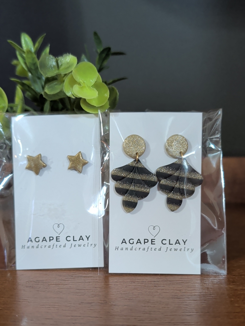 Agape Clay Black and Gold Striped Drop Earrings